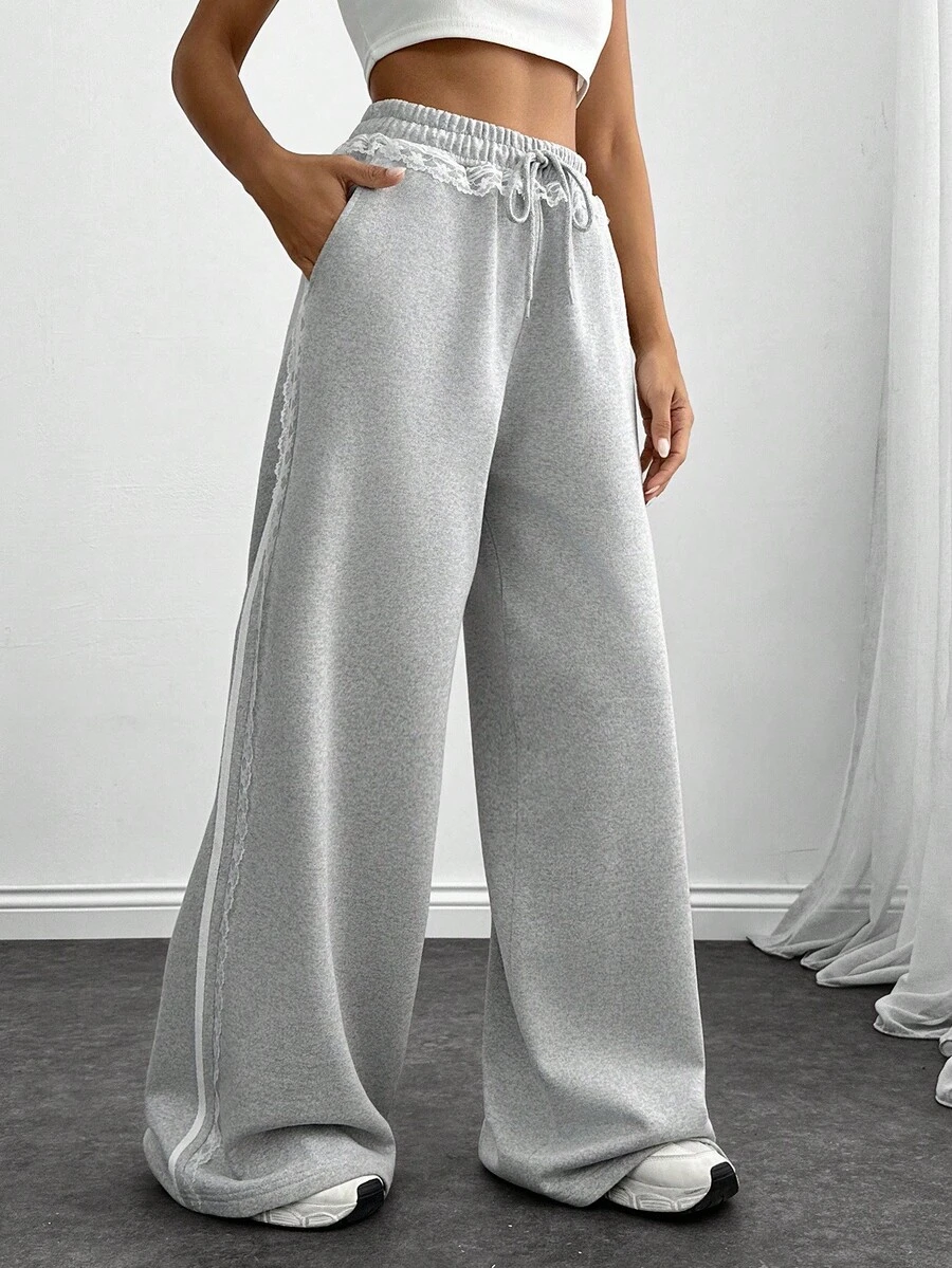 SHEIN Women's Grey Melange Wide-Leg Pants With Lace Trim Detail - Grey - View 1