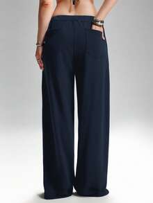 LYSMO Plus Size Fashionable Avant-Garde Loop Design Casual Loose Fit Wide Leg Sweatpants, Autumn/Winter Grommet Pants - Navy Blue - View 2