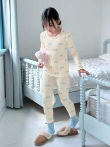 DAZY 2 件套 Tween 女童蝴蝶结印花针织保暖内衣套装，秋季 - 米色 - 查看 8