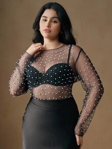 Áo lưới trong suốt Anewsta tay dài đính ngọc trai giả kim cương cỡ lớn dành cho nữ mùa xuân - Màu xanh hải quân - Xem 7