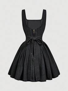 SHEIN MOD Damen Sommer Kleid mit quadratischem Ausschnitt, Raffung und ärmelloses Lässig Jeans Kleid