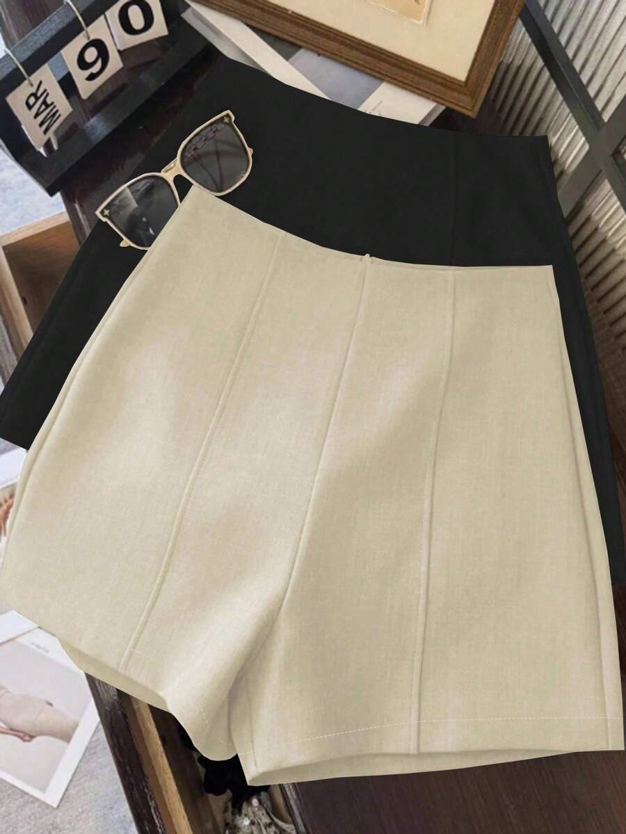 Franclia 时尚简约深灰色高腰女式超短裤，后拉链开合，适合日常通勤、约会和浪漫场合 - 米色 - 查看 1