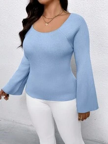 SHEIN Clasi Damen Große Größen einfarbiger Raglanärmel anliegender Pullover, Herbst/Winter - Blau - View 4