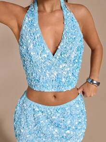SHEIN BAE 纯蓝色性感深 V 领细肩带紧身亮片吊带背心，Y2K，夜总会派对，可爱的 Y2K 女孩，亮片上衣，鸡尾酒会，俱乐部，夜总会派对性感上衣，亮片低腰合身吊带背心 - 藍色 - 查看 6