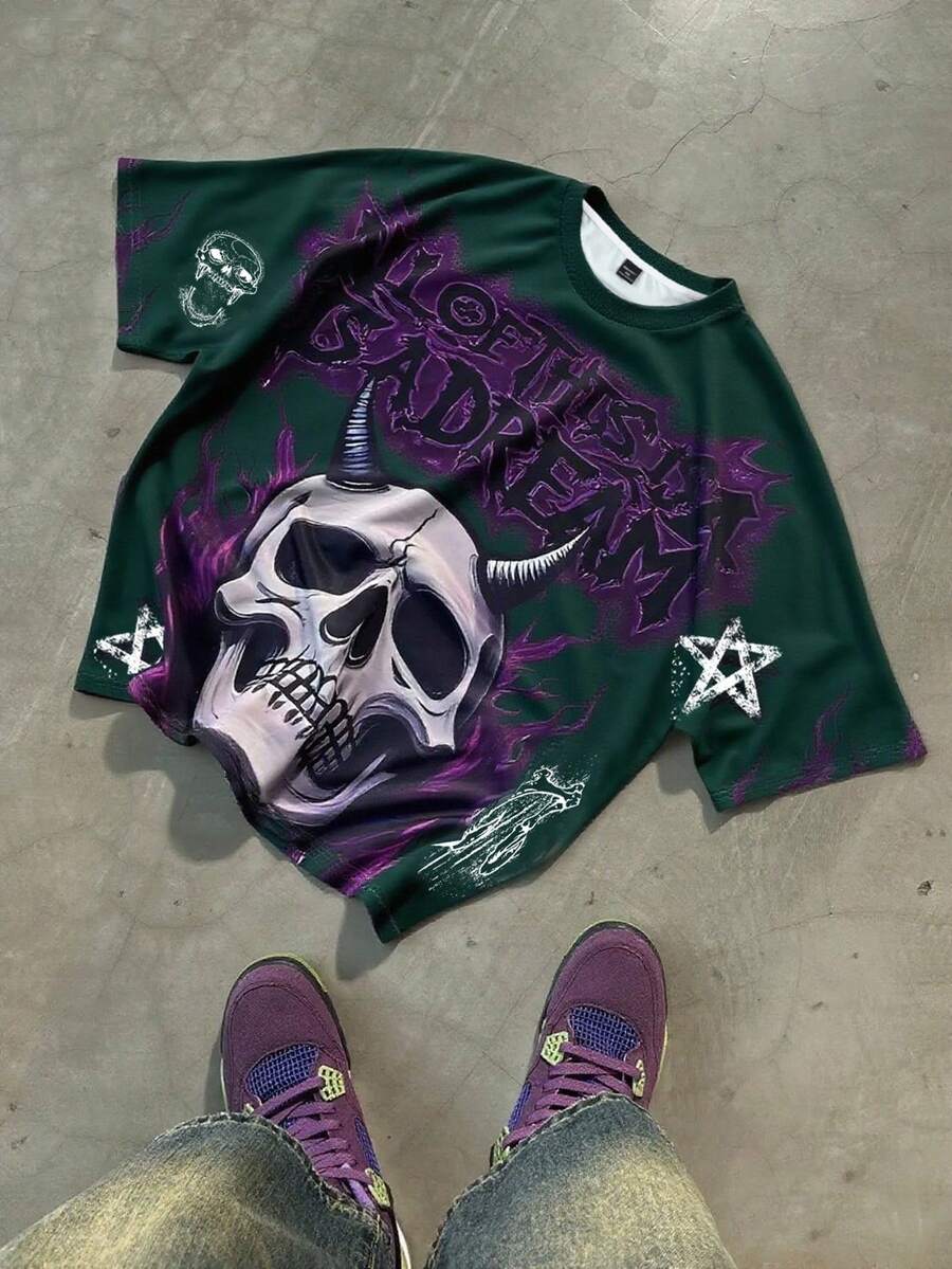 PAVTROS Camiseta de manga corta casual de hombre con estampado de calavera y letras, para verano - Verde Oscuro - Ver 1