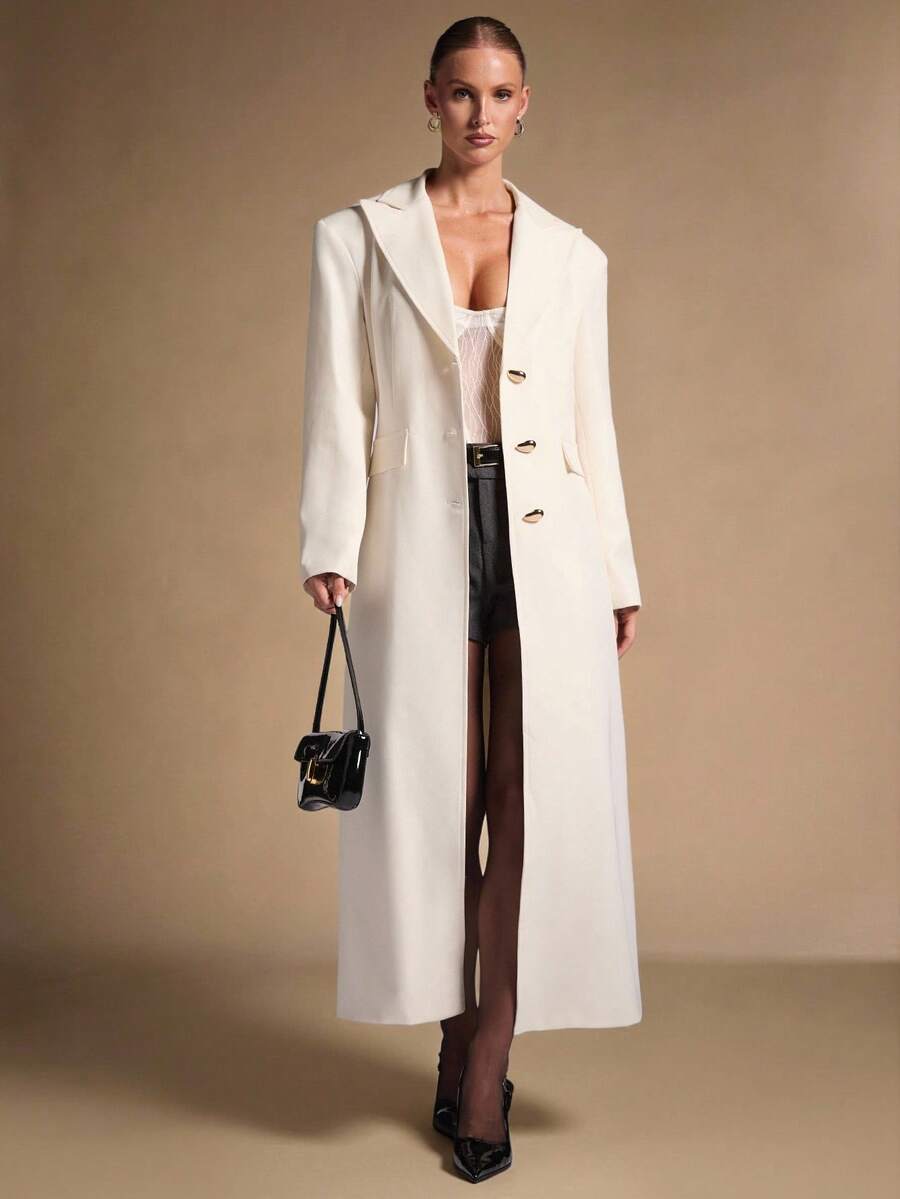 SHEIN BAE Blazer largo de un solo pecho con cintura ceñida de unicolor, blazer largo para mujer, blazer largo elegante, para la oficina, citas de noche en otoño/invierno