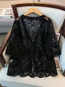 GlowEve CURVE Plus Size Women V-Neck Tie Front Sheer Vacation Blouse Shawl Collar Half Sleeve Embroidery Hollow Out Cardigan - Black - View 2