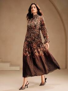 Anewsta Robe longue vintage à col montant avec imprimé léopard dégradé pour femmes, élégante et chic, convient pour l'automne, les fêtes, Noël et le Nouvel An - Marron - Voir 6