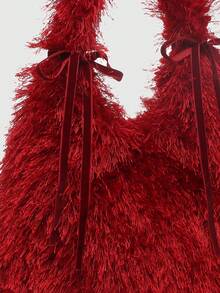 ROMWE Kawaii Women's Vintage Style Vacation Netted Ruffle Bow Decor Large Capacity Tote Bag - Burgundy - View 5