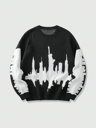 Street Life Maglione girocollo a maniche lunghe con stampa colorblock all-over, lavorazione jacquard, autunno/inverno, da uomo