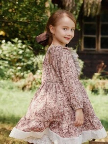 Vintaside Kids Girls' Pink Ditsy Floral Dress,Round Neck Long Sleeve Ruffled Fresh Casual Outfit For Birthday Photoshoot,Holiday,Autumn,Vacation & Daily Leisure - Brown - View 2