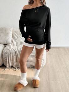 SHEIN 孕妇纯色褶皱不对称领口长袖套头衫 - 黑色 - 查看 5