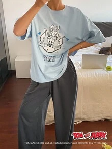 TOM AND JERRY X DAZY 卡通印花短袖 T 恤上衣搭配纯色宽松直筒睡裤 2 件套睡衣套装 - 霧霾藍 - 查看 5