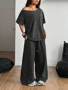 Coolane 女士夏季简约街头服饰基本款日常穿着外出运动舒适露肩 T 恤和阔腿运动裤两件套服装 - 黑色 - 查看 6