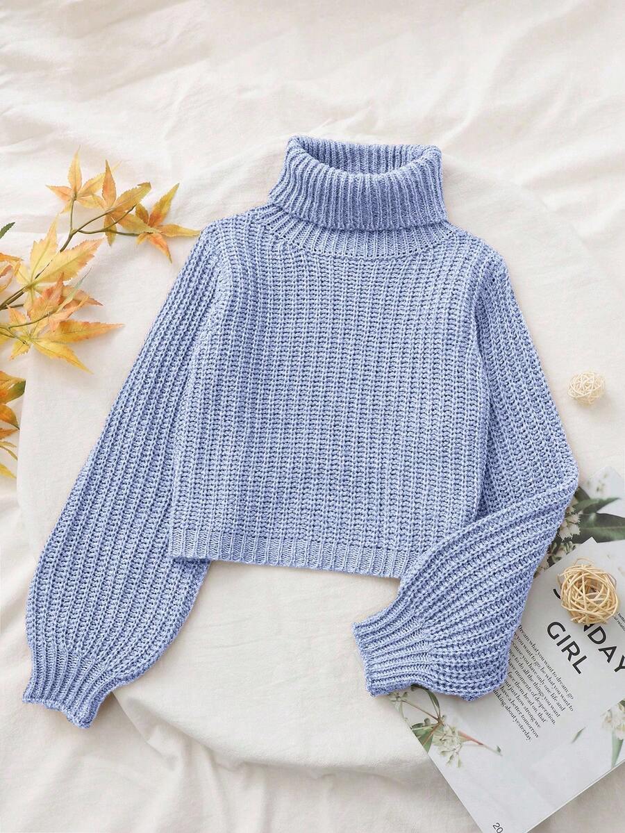 SHEIN Tween 女童纯色高领长袖休闲毛衣,秋冬 - 淺藍色 - 查看 1