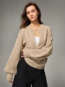 Qadelle Elegant Crew Neck Loose Fit Solid Color Lantern Sleeve Knitted Sweater, Autumn/Winter - Khaki - View 4