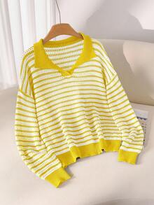 CosyJoli Plus Size Casual Polo Collar Striped Long Sleeve Pullover Sweater In Fall/Winter - Yellow - View 5