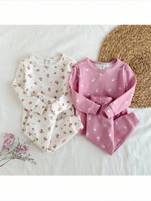 Loomiva 4 件套女婴植物花卉图案针织柔软圆领长袖上衣和松紧腰紧身裤贴身睡衣套装