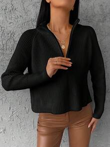 Pull zippé mi-hauteur, couleur unie, décontracté, automne/hiver - Noir - Voir 5
