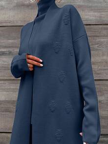 EURMUSE Women's Solid Color Long Sleeve Knitted Cardigan, Turtleneck Sleeveless Knit Top And Knitted Pants Casual Suit, Autumn - Dusty Blue - View 7