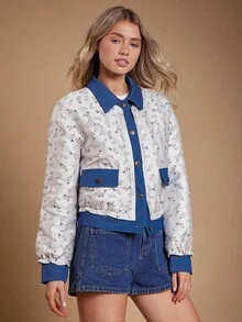 WESTFADE Women's White Floral Print & Denim-Look Mixed Media Jacket,Elegant Autumn Button Front Boxy Fit Collared Coat For Dates,Boho Western Country Concert - Multicolor - View 4