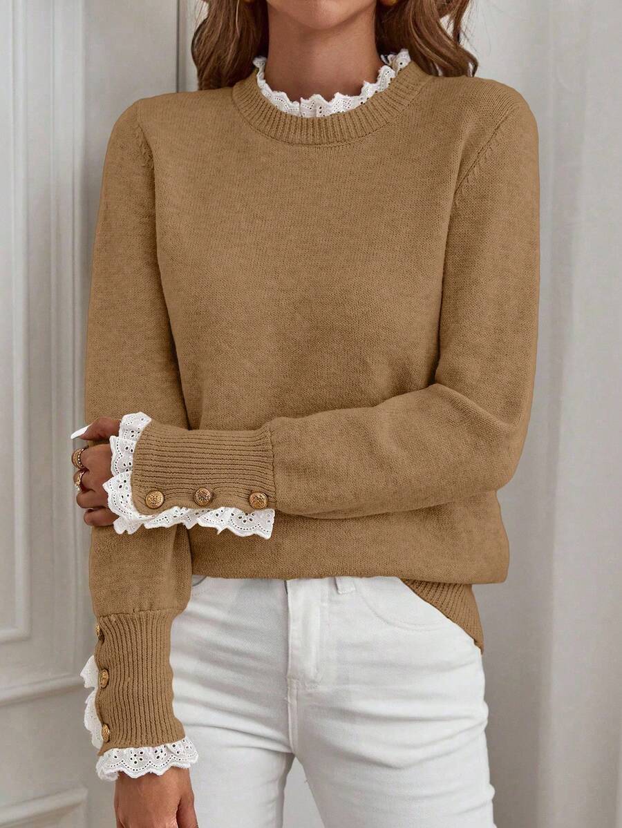 EMERY ROSE Women's Casual Lace Trim Round Neck Long Sleeve Sweater, Autumn/Winter - Khaki - View 1