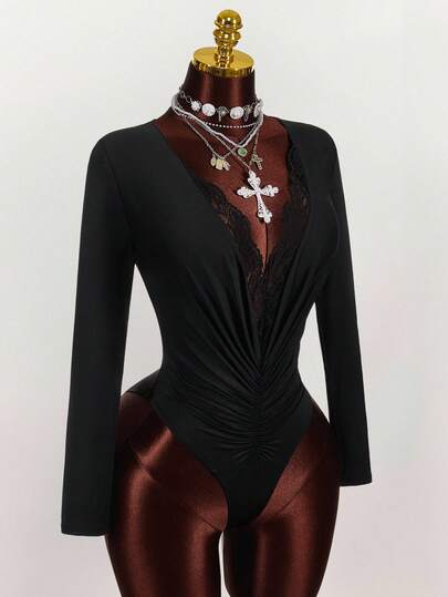 Amplova Body con cuello en V profundo, con encaje y drapeado, de manga larga, elegante y retro, adecuado para fiestas y citas