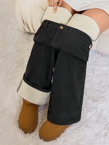 SHEIN Tall Women's Autumn/Winter Casual Pocketed Flared Jeans With Thermal Lined, Going Out Winter Clothes, Warm White Thermal Lined Low-Rise Black Jeans - Black - View 1