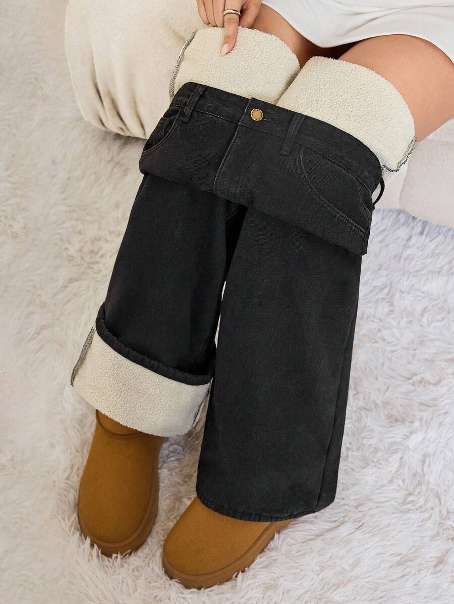 SHEIN Tall Women's Autumn/Winter Casual Pocketed Flared Jeans With Thermal Lined, Going Out Winter Clothes, Warm White Thermal Lined Low-Rise Black Jeans - Black - View 1