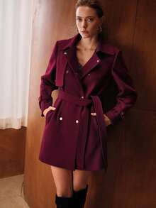MOTF PREMIUM WOOL ELEGANT DOUBLE BREASTED PLACKET BELTED OVERCOAT, AUTUMN/WINTER - Burgundy - View 8