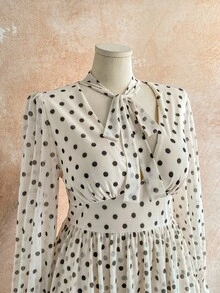 Dreamara Plus Size Women's White Polka Dot Mesh Print V-Neck Flare Sleeve A-Line Dress, Suitable For Autumn/Winter - Black and White - View 10