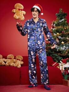 2件套圣诞主题印花卡通趣味圣诞老人缎面舒适家居睡衣套装，礼盒包装，内含拐杖糖、铃铛、雪花、雪人图案，适合家庭聚会、男士睡衣、秋冬服装 - 彩色 - 查看 4