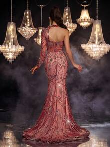Glamrae Elegant Wine Red Sequin Embroidery Mesh Splicing Mermaid Dress,Handmade 3D Patchwork One-Shoulder Fishtail Gown With Train For Formal Party & Dinner - Burgundy - View 3