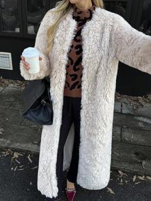 Elyressa 女式长款宽松仿皮草大衣 - 杏色 - 查看 1