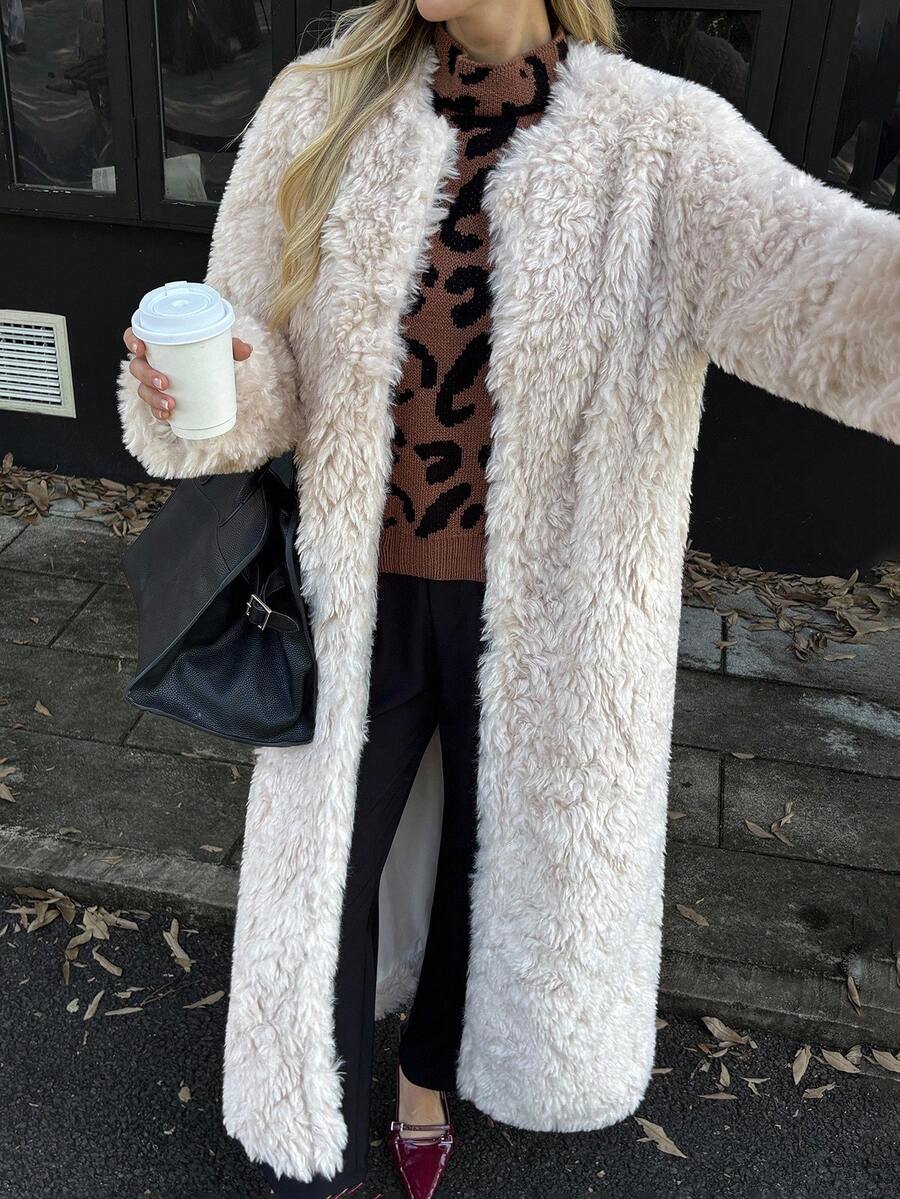 Elyressa 女式长款宽松仿皮草大衣 - 杏色 - 查看 1