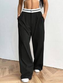 SHEIN EZwear Calça Casual de Perna Larga com Bolso e Bloco de Cores Plus Size para Verão, Formatura, Volta às Aulas, Roupas de Professora para Mulheres, Calça de Cintura Alta, Calça Larga de Cintura Alta, Casual Elegante para Mulheres no Outono/Inverno