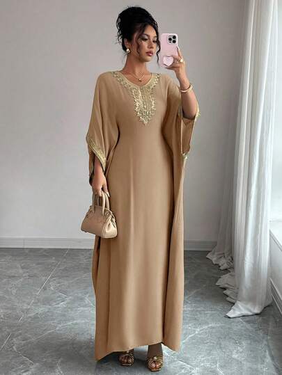 Elenzga Women's Elegant Patchwork Water-Soluble Lace Batwing Sleeve Dress, Autumn