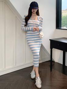DAZY 2pcs Set Women Contrast Color Block Striped Cardigan With Dress Sweater Outfit Fall - Blue - View 4
