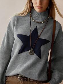 Florisole Jersey de cuello alto con estampado de estrella bohemio - Gris - Ver 6