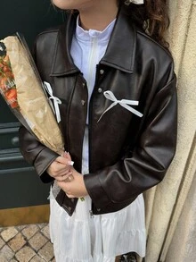 Teen Girls Casual Short Collar Color Block Commuter Jacket, Versatile - Coffee Brown - View 3