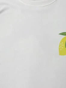 Glissea 女士休闲时尚柠檬印花宽松圆领短袖运动衫，百搭简约，春秋季 - 白色 - 查看 7