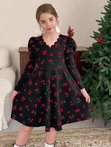 LMoss Kids Vestido casual de malha com estampa de cereja e manga gigot para meninas pré-adolescentes