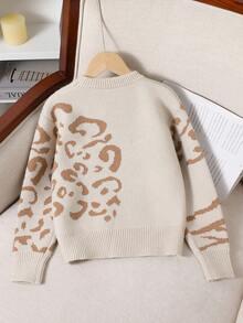 Sparklyn Áo len chui đầu cổ tròn dệt kim jacquard họa tiết da báo cho bé gái, mùa thu/đông - Màu be - Xem 2