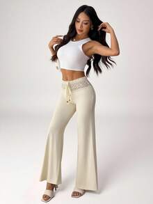 SHEIN PETITE 女式白色针织腰带配串珠抽绳直筒宽松休闲度假裤 - 杏色 - 查看 4