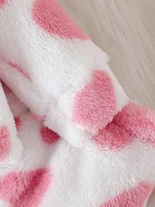 女婴可爱心形图案小熊毛衣、蝴蝶结保暖羊毛连帽上衣和配套毛绒裤套装 - 粉色 - 查看 3