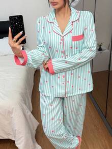 Dream Adore Striped Heart Patchwork Collar Top And Pants Pajama Set Flamingo Pajamas Striped Pajama Set Kawaii Pajamas Comfy Pajamas Set, Fall Winter Clothes - Mint Green - View 3