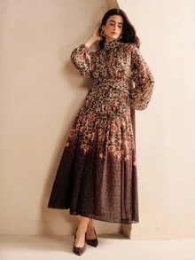 Anewsta Robe longue vintage à col montant avec imprimé léopard dégradé pour femmes, élégante et chic, convient pour l'automne, les fêtes, Noël et le Nouvel An - Marron - Voir 4