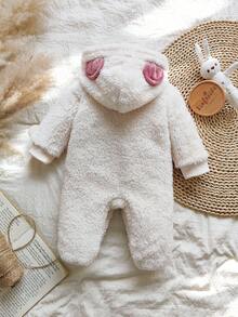 SHEIN 新生儿简约时尚可爱刺绣小猫长袖连帽连体睡衣 - 白色 - 查看 2