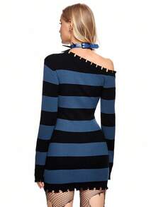 ROMWE Grunge Punk Long Ripped Red & Black Striped Pullover Sweater - Multicolor - View 5