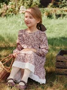 Vintaside Kids Girls' Pink Ditsy Floral Dress,Round Neck Long Sleeve Ruffled Fresh Casual Outfit For Birthday Photoshoot,Holiday,Autumn,Vacation & Daily Leisure - Brown - View 4